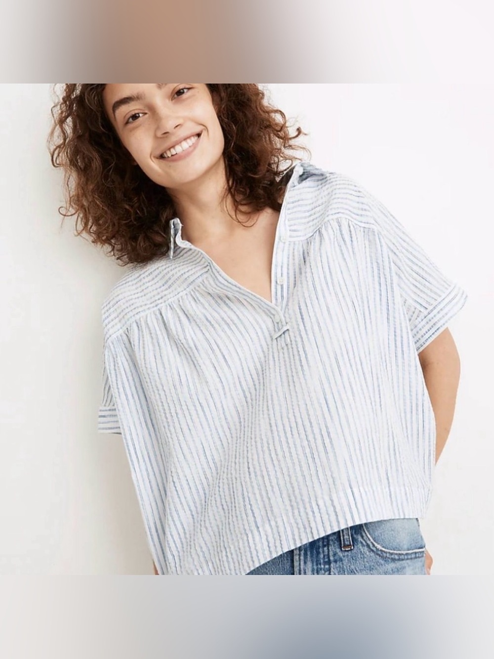 Madewell Shirred Yoke Popover Top S Blue White Seersucker Stripe EUC Lightweight